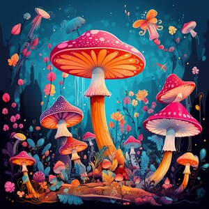 Puede incluir: Una ilustración vibrante de una escena de bosque de ensueño con setas coloridas de varios tamaños y formas. Las setas tienen sombreros rojos, rosas, naranjas y amarillos con manchas blancas. El fondo es azul oscuro con follaje verde y flores.