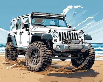 White Lifted Jeep/ ai generated art/ printable art/ digital art/ ai art/ posters/ wall art/ downloadable/ printable/ creative art/
