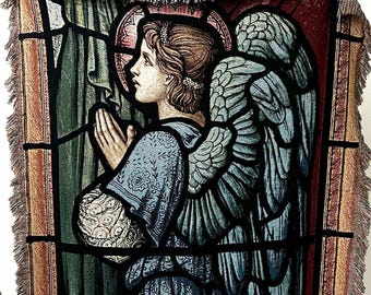 Praying Angel Cotton Blanket, Church Stained Glass Tapestry, Christian Gift, Christmas Decor