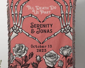 Personalized Skeleton Couple Blanket, Gothic Anniversary Cotton Throw, Custom Halloween Gift, Till Death Tapestry