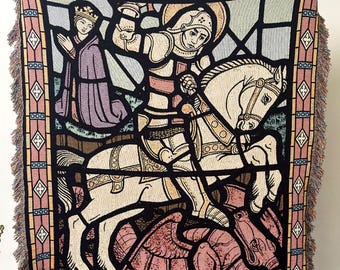 Saint George Dragon Blanket, Church Stained Glass Window, Inspirational Christian Gift, Church Decor, Recovery Gift, Woven Cotton Tapestry