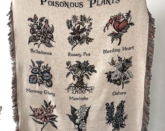 Poisonous Plants Cotton Tapestry, Witchy Gift Blanket, Vintage Deadly Botanicals, Dangerous Flowers and Herbs, Dark Cottagecore Woven Throw
