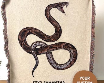 Personalized Vintage Snake Blanket, Woven Tapestry, Cotton Throw, Scary Reptile Decor, Venomous Serpent, Cool Dorm Room Art, Halloween Gift