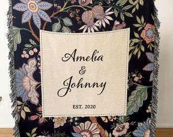 Personalized Jacobean Floral Tapestry, Couple Wedding or Anniversary Gift, Vintage Woven Cotton Throw