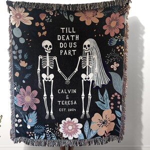 Floral Skeleton Custom Couple Gift Blanket, Bride and Groom Names Throw, Goth Gift for Newlyweds, Spooky Couple Anniversary, Till Death