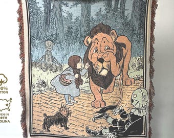 Sad Lion Vintage Wizard of Oz Gift, Magical Cotton Blanket or Kids Room Decor