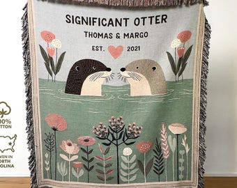Otter Couple Custom Name Blanket, Playful Anniversary Gift, Fun Quirky Gift for Newlyweds, Woven Cottagecore Tapestry