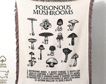 Poisonous Mushrooms Vintage Cotton Tapestry, Deadly Toadstools and Fungi, Witchy Gift, Woven Cottagecore Blanket