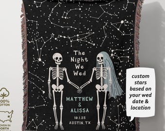 Custom Wedding Date Gift, Unique Personalized Star Map, Skeleton Couple Anniversary Woven Cotton Blanket