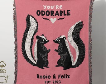 Skunk Couple Custom Gift Blanket, Cotton Anniversary, Fun Unique Wedding or Engagement Present, Personalized Throw, Good Sense of Humor