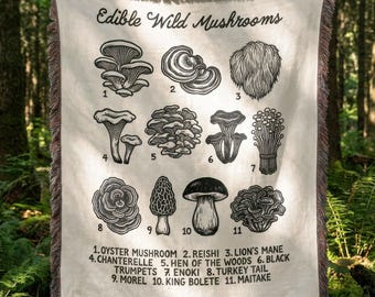 Mushroom Lovers Vintage Cotton Tapestry, Foraging Wild Fungi, Cook or Foodie Gift, Cottagecore Blanket