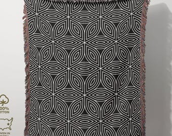 Flower of Life Cotton Blanket, Sacred Geometry Tapestry, Retro Psychedelic Woven Throw, Magical Birthday or Graduation Gift
