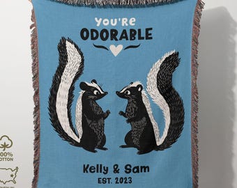 Skunk Couple Custom Name Blanket, Loving Anniversary Gift, Funny Wedding Gift, Playful Gift for Newlyweds, Personalized Woven Cotton Throw