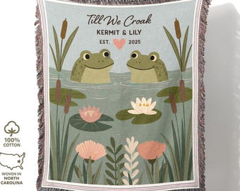 Custom Frog Couple Names Blanket, Playful Loving Anniversary Gift, Fun Wedding, Cotton Cottagecore Tapestry