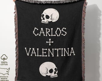 Skull & Bones Couple Names Blanket, Custom Skeleton Tapestry, Spooky Bride and Groom, Wedding Keepsake