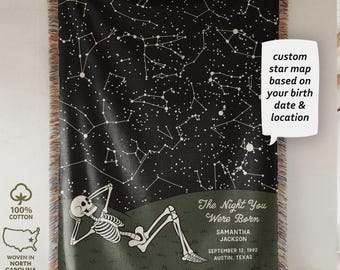 Night You Were Born Personalized Star Map, Custom Constellation Birthday Gift, Skeleton Cotton Blanket
