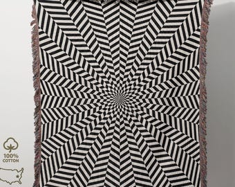 Crystal Magic Cotton Blanket, Hypnotic Portal Tapestry, Minimalist Black and White Couch Throw, Psychedelic Christmas Gift