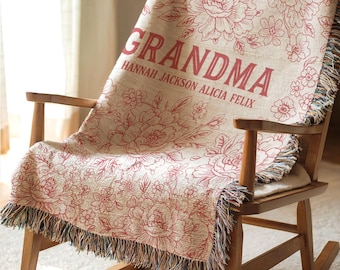 Loving Grandma Gift from Grandchildren, Vintage Floral Cotton Blanket, Custom Grandkids Names