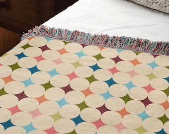 Retro Geometric Cotton Blanket, Colorful Midcentury Modern Throw, Boho Decor