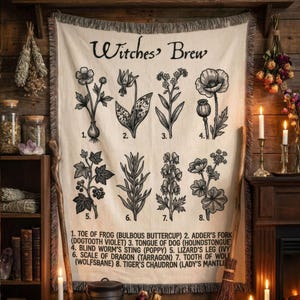 May include: A cream-colored tapestry with the words "Witches' Brew" and botanical illustrations of various plants. The tapestry features eight numbered plant drawings with their common and scientific names. The background is a rustic wooden wall with shelves and candles.