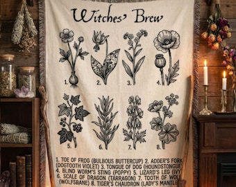 Witches' Brew Botanical Tapestry, Unique Magical Witch Gift, Shakespeare’s Macbeth, Witchy Woven Cotton Blanket