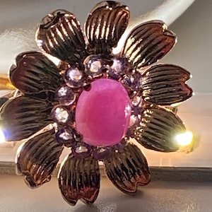 Vintage (2000) Pink Stone Purple Stones Flower Ring Rose Gold Over 925 Sterling Size 8