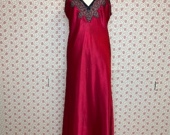 Vintage 'Oscar de la Renta' Red Satin Full Length Slip Dress with Lace