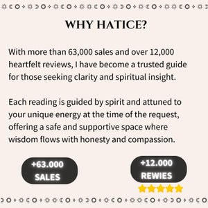 May include: Cream-colored graphic with the text "WHY HATICE?" and details about sales and reviews. Includes the text "+63.000 SALES" and "+12.000 REWIES" with four gold stars. The image has a celestial border.