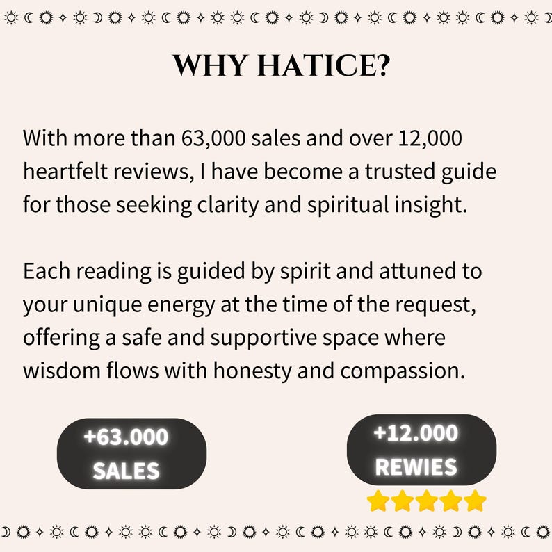 May include: Cream-colored graphic with the text "WHY HATICE?" and details about sales and reviews. Includes the text "+63.000 SALES" and "+12.000 REWIES" with four gold stars. The image has a celestial border.