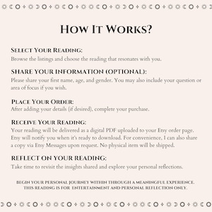 May include: A beige graphic with the text "HOW IT WORKS?" and steps for a reading service. The steps include selecting a reading, sharing information, placing an order, receiving the reading, and reflecting on it. The image has a celestial border.