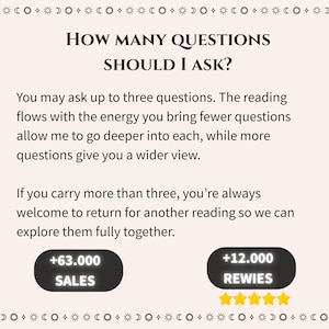 May include: A cream-colored graphic with the text "HOW MANY QUESTIONS SHOULD I ASK?" and information about asking questions. Includes sales and review metrics, and decorative celestial symbols.