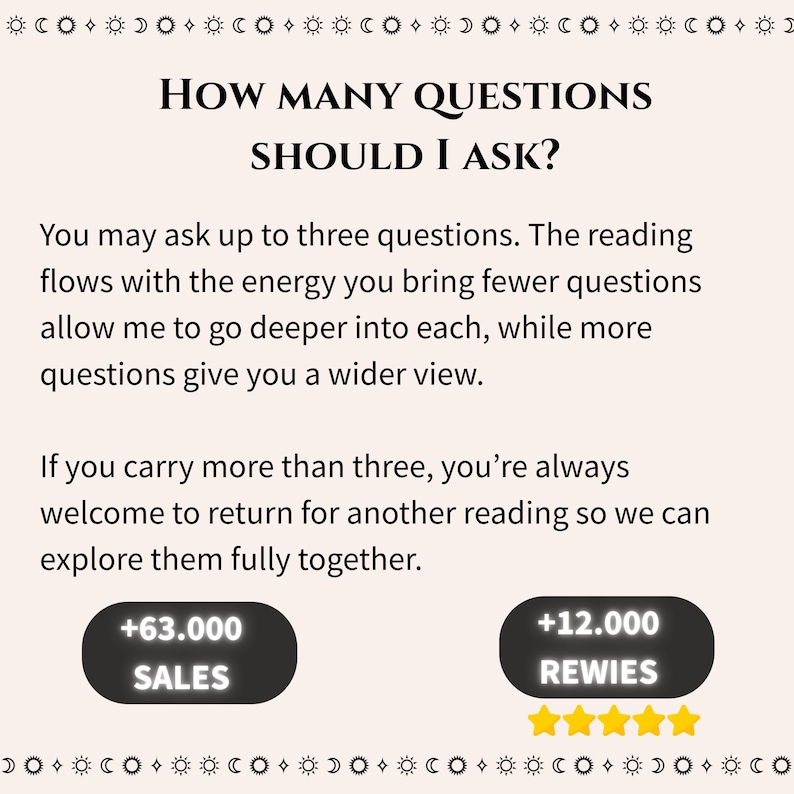 May include: A cream-colored graphic with the text "HOW MANY QUESTIONS SHOULD I ASK?" and information about asking questions. Includes sales and review metrics, and decorative celestial symbols.