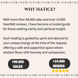 May include: A light-colored informational graphic with black text titled WHY HATICE? It states the provider has over 98,000 sales and 14,000 reviews. Two black rounded rectangular buttons display +98.000 SALES and +14.000 REWIES with five yellow stars.