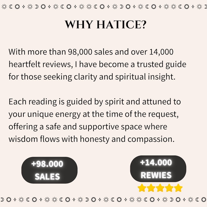 May include: A light-colored informational graphic with black text titled WHY HATICE? It states the provider has over 98,000 sales and 14,000 reviews. Two black rounded rectangular buttons display +98.000 SALES and +14.000 REWIES with five yellow stars.