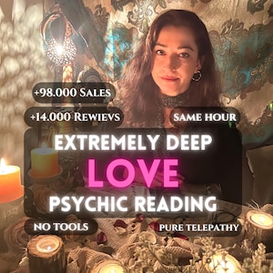 May include: A person with long brown hair sits behind a table with lit candles and scattered rose petals. Text overlays read: +98.000 SALES, +14.000 REWIEVS, SAME HOUR, EXTREMELY DEEP LOVE PSYCHIC READING, NO TOOLS, PURE TELEPATHY. The scene is dimly lit.