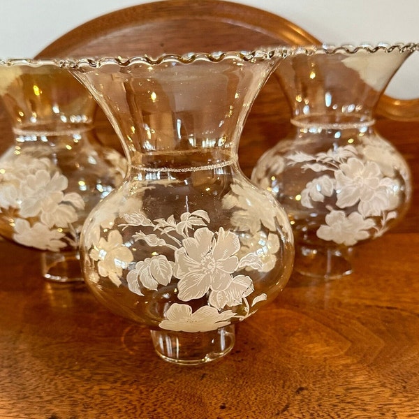 Set of Three Vintage Light Amber Colored with White Floral Design Sconces