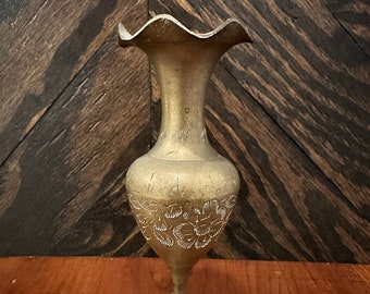 Vintage Floral Etched Brass Bud Vase