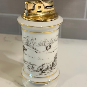 Rare Vintage Lenox Porcelain Tabletop Lighter with Hunting Scene and Gold Trim