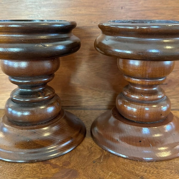 Pair of Vintage Charles Lester's' Hand Turned Wooden Pillar Candle Holders