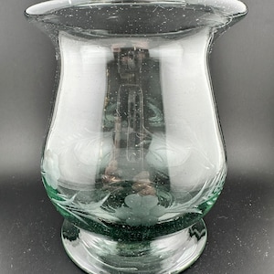 Vintage Handblown Green Etched Floral Glass Candleholder/Vase
