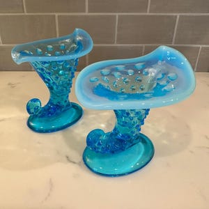 Fenton Blue Opalescent Hobnail Cornucopia Horn Vases, Set of 2