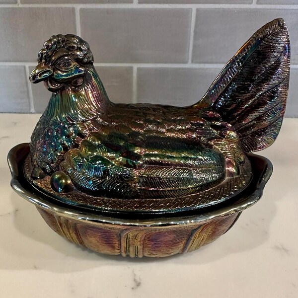 Fenton Amethyst Carnival Glass Hen on Nest