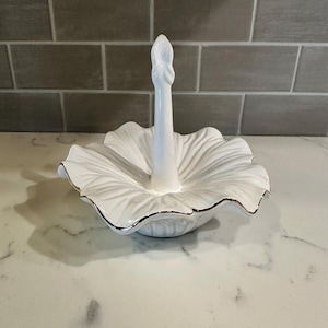 White Flower Shaped with Gold Trim Ring Holder Dish