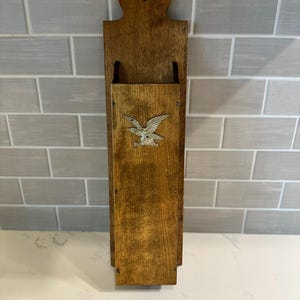 Vintage Wooden Matchstick Holder with Gold Eagle Emblem