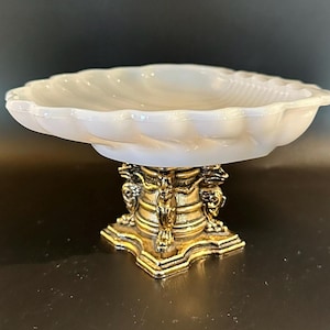 Vintage Milk Glass Seashell Shaped Pedestal Soap Dish on Goldish Colored Base