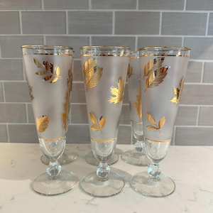 Vintage Libbey Gold Foliage and Frosted Pilsner Glasses, set of 6