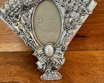Vintage Silvestri Fan Shaped Antiqued Silver Floral Picture Frame with Pearl Detail