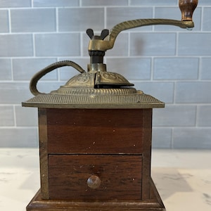 Vintage 1950&#39;s Brass Top and Wood Base Hand Crank Coffee Grinder