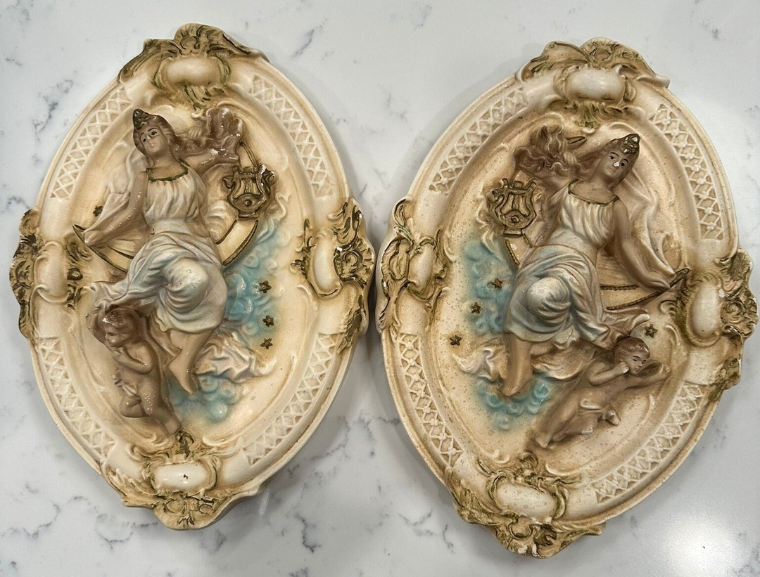 Pair of 1960's Vintage Chalk Art Angel Wall Plaques Etsy