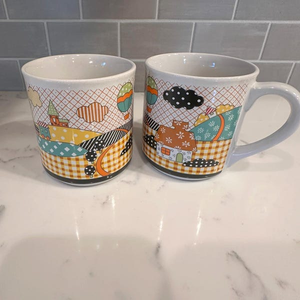 Vintage Pair of 1970's Colorful Calico Gingham Coffee Mugs